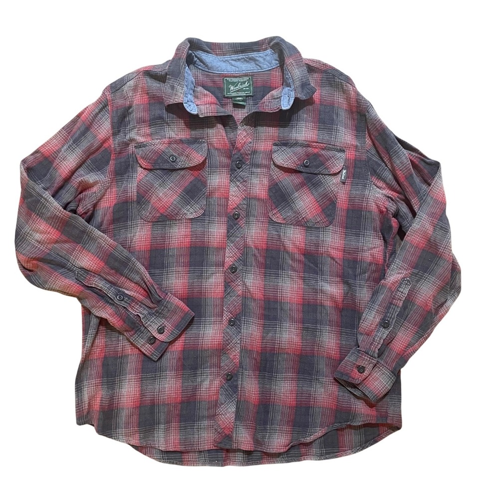 Woolrich Mens XL Plaid Flannel Shirt Red Grey Black Cotton Button Down 6114